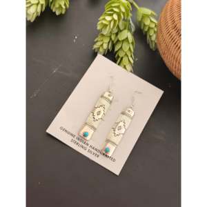 Kingman Turquoise & Sterling <b>Silver</b> Dangle <b>Earrings</b> Navajo Made Drop Geometric Shape Pattern for Women - Product Image 4