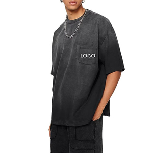 เสื้อยืดโอเวอร์ไซส์ลายฟอกสีสไตล์วินเทจสีดำสำหรับผู้ชาย เสื้อยืดสตรีทแวร์มีกระเป๋า ผ้าฝ้ายทรงหลวม - Product Image 1