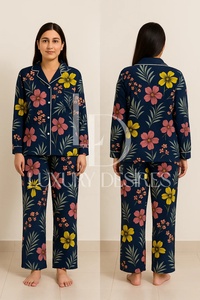 Conjunto de Pijama de Algodón Modal para Mujer, Camisa de Manga Larga y Pantalones Anchos de Color Liso, Venta al Por Mayor - Product Image 3