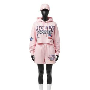 Ensemble court à capuche pour femme en coton et polyester molletonné, rose doux, avec impression sérigraphiée et logo personnalisé, 100 % coton - Product Image 1