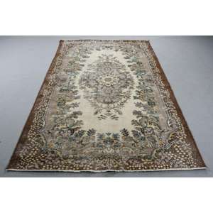 Alfombra Turca de 5,5x8,3 pies, Alfombra con Borde Marrón de Lana - Product Image 1