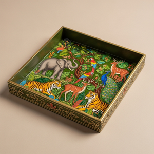 Plateau en bois Meena en gros, peint à la main, motif éléphant, plateau de service décoratif, bleu carré, biodégradable, écologique, personnalisé en vrac - Product Image 1