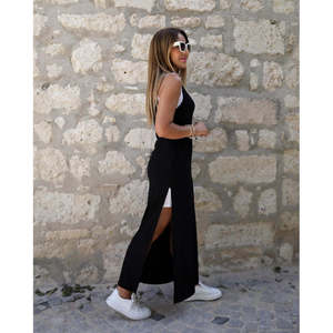Ensemble robe et débardeur en viscose à bretelles et col rond pour femme avec poches et détail fendu, 36850 - Noir - Product Image 3