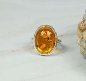 Bague en ambre de laboratoire en argent sterling 925 de forme ovale, pierre précieuse faite à la main, bijoux Boho simples - Product Image 4