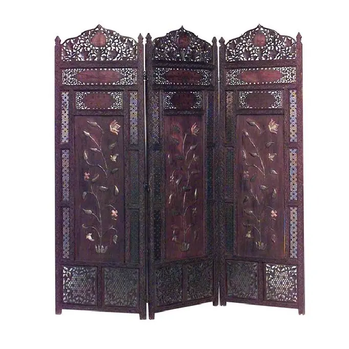 Handcrafted 3 Panel Wooden Room Partition & Room Divider Dark Brown Solid Wood Decorative Screen Partition