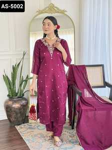 Vêtements ethniques indiens Vichitra soie avec séquence Codding broderie travail Salwar Kameez costume avec soie Dupatta ensemble pour femmes robe - Product Image 5