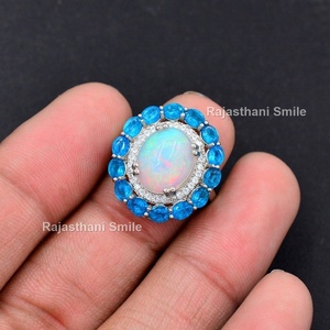 Tự nhiên ethiopian Opal và apatite 925 Sterling bạc hình bầu dục cắt đá quý Halo Cocktail vòng 12x10mm đá kích thước - Product Image 2