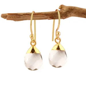 Bohemian custom jewelry clear quartz brass 24k gold plated tear drop hook earrings classy elementary earrings gift for woman