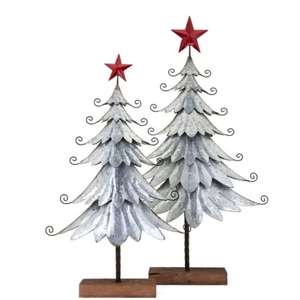 Artesanías únicas Modelos de árbol de Navidad de metal Objeto personalizado decorativo Árbol de Navidad galvanizado con base de madera Estrella roja en la parte superior - Product Image 1