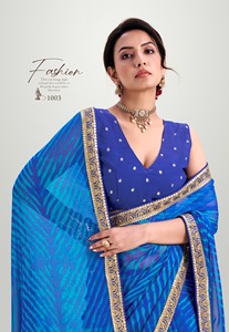 Designer traditionnel superbe mariage ethnique fantaisie Sari belle soie avec broderie Jaipuri travaillé frontière, fête porter Saree. - Product Image 2