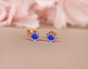 Pendientes de Tanzanita Natural de 4MM, Plata de Ley 925, Chapados en Oro de 14K, Joyería con Piedra de Nacimiento para Mujer, Aniversario - Product Image 6
