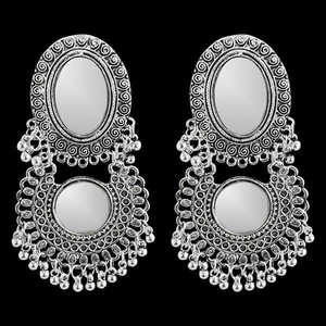 Jeweljunk <b>Vintage</b> Bohemia Stud Earrings Silver Plated Afghani <b>Mirror</b> Tassel 1311567 <b>Gold</b> Plated Brass Diamond for Parties - Product Image 1