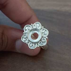 Bague de fiançailles semi-montée en argent sterling 925 véritable de haute qualité, motif floral, sertissage clos de 7 mm, simple et raffinée - Product Image 1