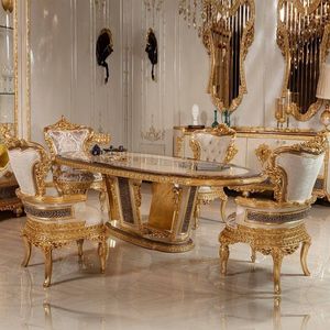 Ensemble de table à manger de luxe Emma de l'hôtel Valencia, en teck massif sculpté à la main, avec feuilles d'or, meubles classiques de style palais - Product Image 1