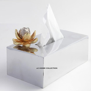 Boîte à mouchoirs en métal brillant en acier inoxydable de forme rectangulaire de la plus grande qualité avec le dernier design en forme de fleurs - Product Image 1