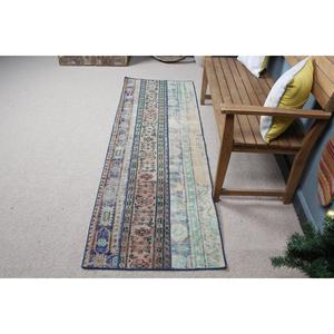 Alfombra Turca Vintage de 2.4x7.1 pies, Alfombra de Lana con Estampado Animal Azul Marrón - Product Image 3