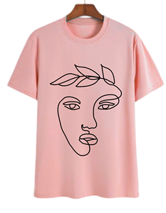T-shirt rose à manches courtes pour homme avec imprimé visage abstrait style line art, col rond, coupe décontractée, 100 % coton tricoté - Product Image 1