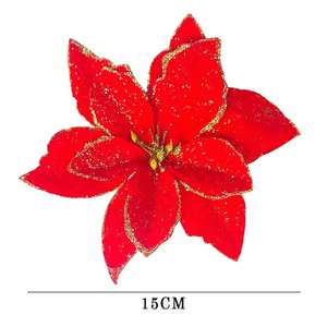 BINLU 12 pièces ensemble rouge paillettes fait à la main Poisettia noël fleur artificielle avec bâton Poinsettia ornements pour arbre de noël - Product Image 4