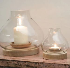 Glass Hurricane Candle Holders with mango Wood base for wedding decor and table centerpiece - Product Image 6