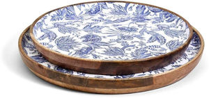 Plateau de service en bois imprimé floral poignée coupes design émail de forme ronde coting aspect brillant - Product Image 3