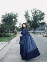 Setelan Salwar Kameez Midi Wanita Unity Luxure Elegan Biru Dongker Bordir Sutra Longgar dengan Dupatta Anti Kusut Cepat Kering