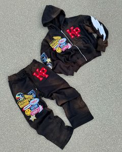 Sweat Jogger Stacked <b>Pants</b> Tracksuit Set 2 Piece Sets Sweat Suits Custom Puff Print Washed <b>Cropped</b> Hoodie and Sweatpants Set - Product Image 4