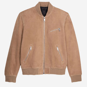 Wholesale <b>Suede</b> Leather <b>Jacket</b> Round Neck Beige Color Long Sleeves <b>Jacket</b> With Zipped Pocket Ribbed Edges Zip Closure <b>Jacket</b> - Product Image 1