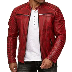 Jaket Kulit Tertekan Kerah Berdiri Kustom/Jaket Kulit Vintage Domba Dua Warna OEM/Jaket Kulit Burgundy Pria Pas Badan