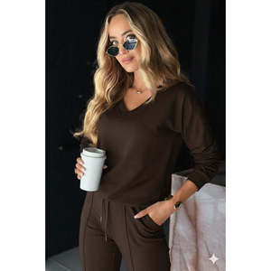 Ensemble deux pièces pour femme, chemisier à manches longues et col en V en viscose à deux fils et pantalon, 37568 - Café - Product Image 4