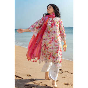 Traje de Muselina Estampada con Bordado Schiffli de 3 Piezas CL-52645 para Mujer, con Dupatta de Encaje Dibujado a Mano, Estilo Elegante hasta la Rodilla, Talla XS - Product Image 3