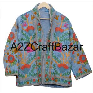 Blouson Bomber Luxe pour Femme en Suzani Fait Main, Style Bohème, Hiver, Tissu en Coton Tricoté Écologique, Respirant, Volants Floraux, Festivals - Product Image 6