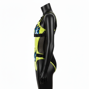 Traje de baño premium de 240 GSM de poliéster y spandex, color verde neón, con paneles, tirantes de malla y logotipo personalizado con parche para mujer. - Product Image 3