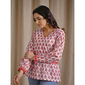 Top Corto Estampado Floral para Mujer, Blanco y Rosa, Algodón Popelina, Estampado a Mano, Logotipo Bordado, Cuello Asimétrico, Tallas XS-XL - Product Image 6