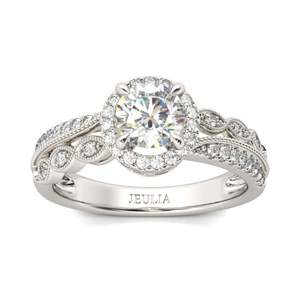 Jeulia Beaded Halo Round Cut Rhodium Plated Sterling Silver Couple Ring - Product Image 1