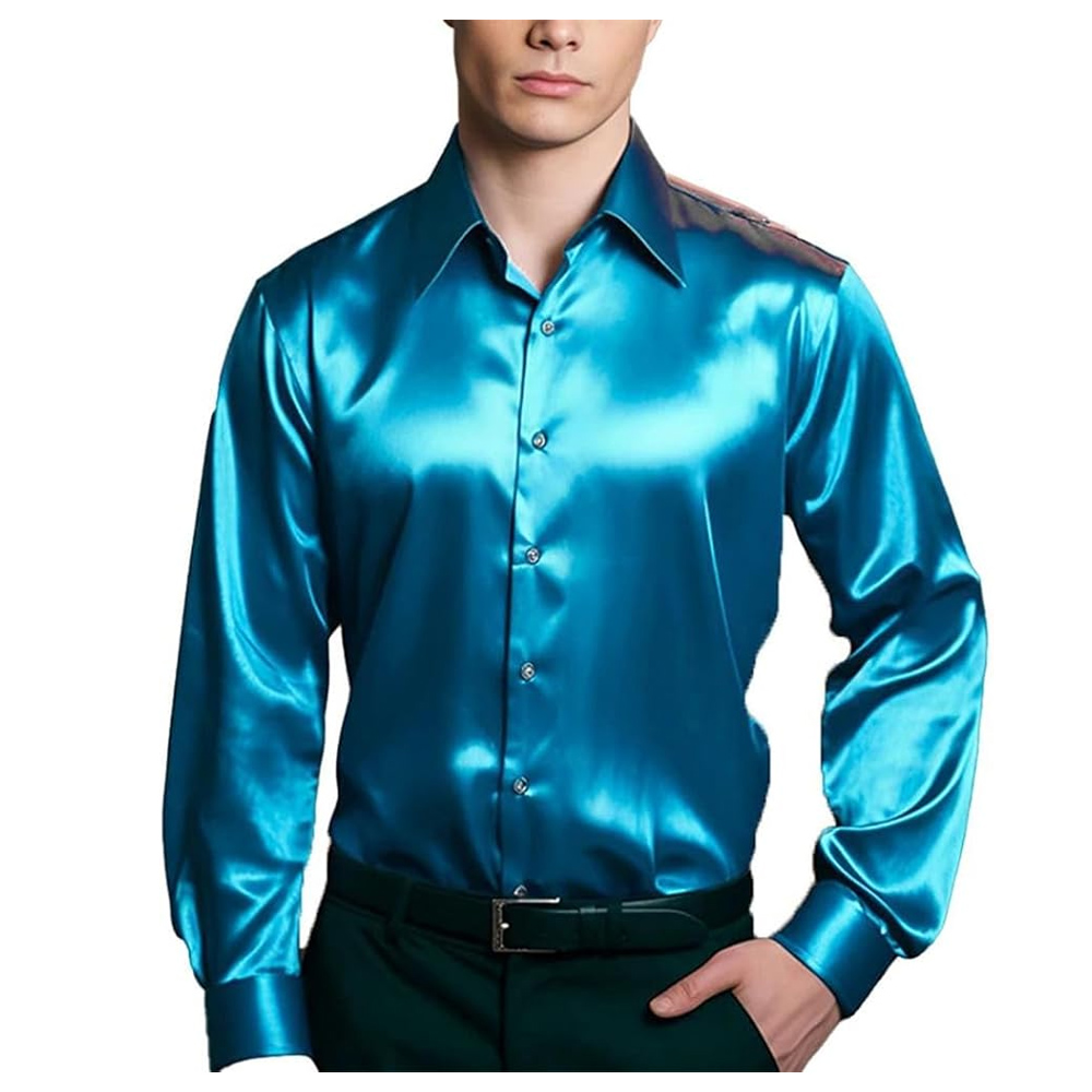 halter beach wedding dress Women's Satin Button Down Shirt in Steele Blue Made in USA – Classy Cozy  Cool | Made in USA main image 1