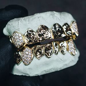 8X8 Top Bottom 14K Solid Gold 925 Sterling <b>Silver</b> Diamond Dust Moissanite Iced Teeth Grillz ROSE CUTS ICED FANGS Fine Cut Body - Product Image 3