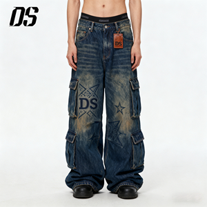 <span class=keywords><strong>Jeans</strong></span> Cargo Vintage Streetwear Blu Scuro con Etichetta Privata in <span class=keywords><strong>Pelle</strong></span>, Stampa Laser, Gamba Larga e Stile Baggy - Product Image 1