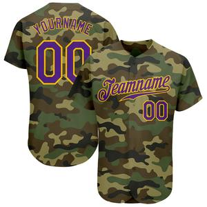Camiseta de béisbol auténtica con servicio de saludo, superventas, Camuflaje personalizado púrpura-dorado, ropa de equipo personalizada, conjuntos transpirables de talla grande - Product Image 1