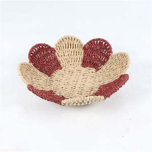 ถาดรูปดอกไม้ทำจากเชือกกระดาษ ทอมือ สีเบจธรรมชาติและสีส้ม ตะกร้าเก็บของตกแต่งบ้าน - Product Image 1