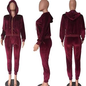 Top Selling Women's Solid Velvet Two-Piece Crop <b>Zip</b> Hoodie & High Waist Pants Track Suit Set Quick Dry Breathable - Product Image 1