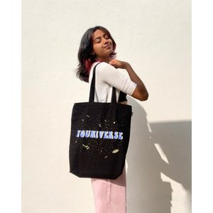Sac fourre-tout à fermeture éclair Youniverse en cuir véritable, couleur unie, toile, nylon, PVC, polyester, broderie lettre, automne hiver printemps - Product Image 2