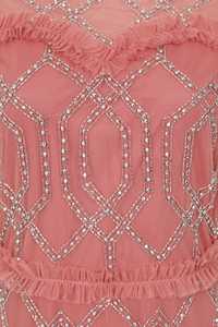 Élégant robe de cocktail vintage demi-longueur col rond en poly maille haute perlée motif brodé de paillettes cristal fête formelle décontracté - Product Image 3