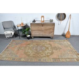 Tapis vintage 4x8 pieds orange beige en laine écologique à poils moyens, fait main, grande surface, design patchwork rectangulaire Tabriz pour adolescents - Product Image 1