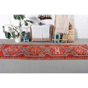 Vintage <b>Runner</b> Rug 2.8x10.6 ft, <b>Red</b> Moroccan Turkish Wool Rug - Product Image 3