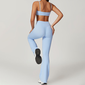 เสื้อชั้นในออกกำลังกายแบบไร้โครง สายบาง สำหรับผู้หญิง ไซส์กลาง พร้อมกางเกงโยคะทรงบาน ไม่มีตะเข็บด้านหน้า ลายเรียบ/ลายทาง เป็นมิตรกับสิ่งแวดล้อม - Product Image 5