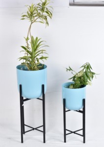Jardinières tendance en finition bleu cyan, support en fer avec revêtement en poudre, écologiques, pour usage intérieur, sur pied, qualité supérieure, pour la maison et le jardin - Product Image 2