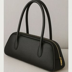 Black Genuine Leather Barrel <b>Bag</b> Women Fashion Two Long Handles <b>ZIP</b> Closure Water Resistant 90s Style Minimalist Shoulder <b>Tote</b> - Product Image 6
