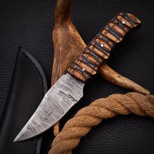 Custom Handmade Damascus Steel Hunting Skinner <b>Knife</b> Brown Wood Handle and Natural Leather <b>Sheath</b> OEM Supported - Product Image 1