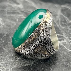 Anillo Grande Vintage Otomano para Hombre, de Ágata Verde, Chapado en Oro de 22k, Plata de Ley, Hecho a Mano en Turquía, con Diseño Geométrico, Regalo Perfecto - Product Image 4