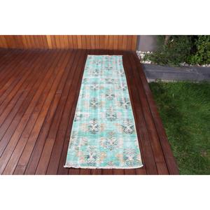 Vintage <b>Runner</b> Rug 2.2x7.8 ft (66x239 cm), Turkish <b>Green</b> Oriental Rug - Product Image 1